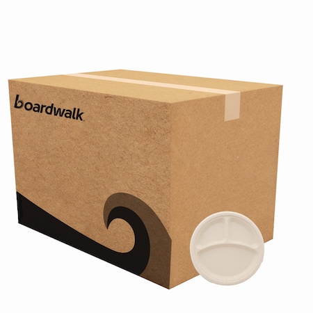 Boardwalk Bagasse PFAS-Free Dinnerware, Plate, 10 in. dia, 3-Compartment, White, 500PK PL-11BW-NPFA